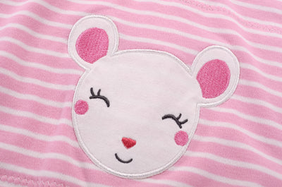 Baby Girl Romper Pink Stripes w Embroidered Little Mouse - Little Kooma