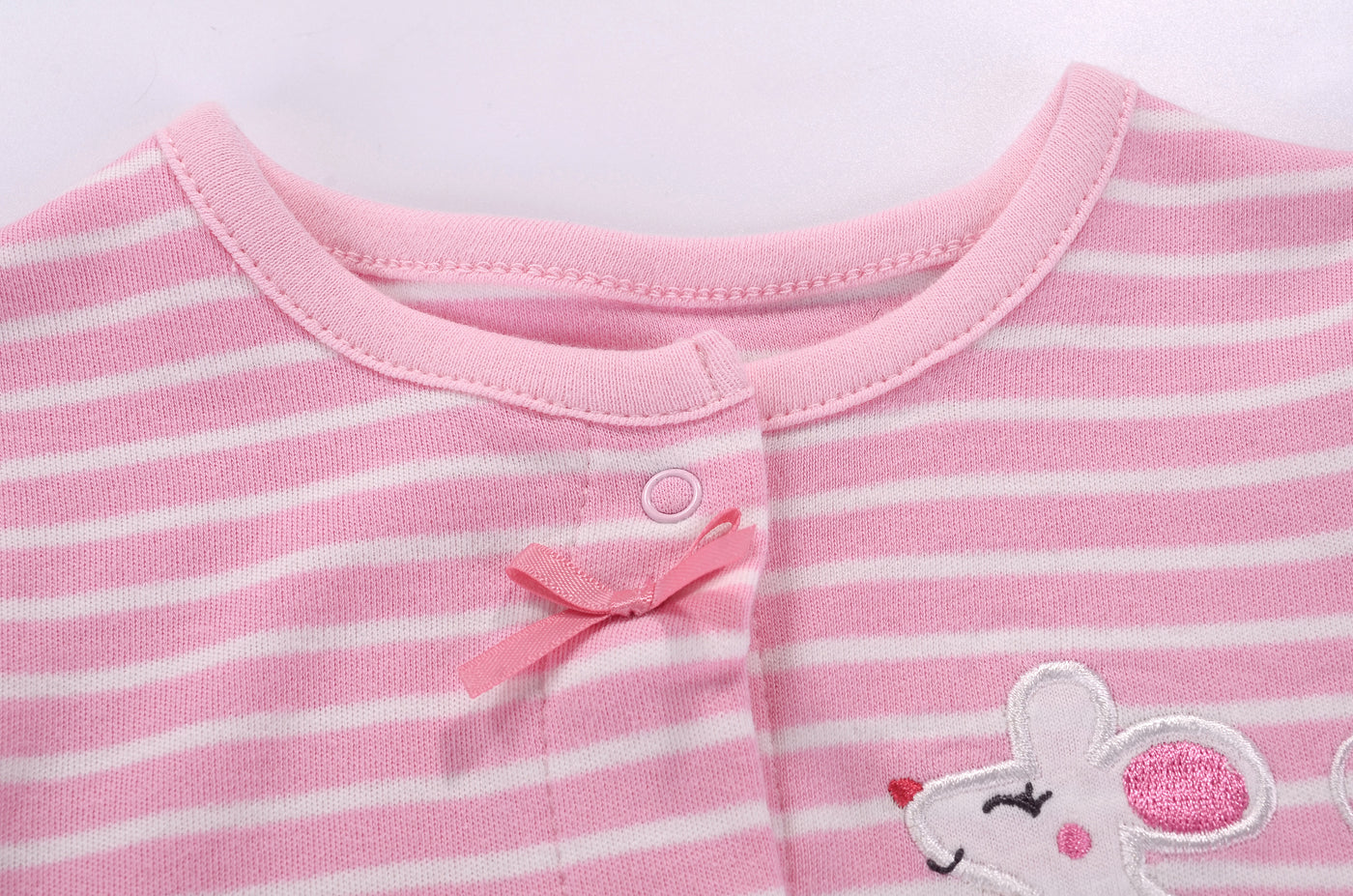 Baby Girl Romper Pink Stripes w Embroidered Little Mouse - Little Kooma