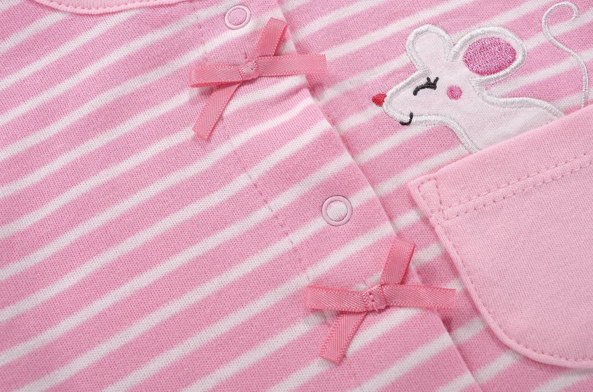 Baby Girl Romper Pink Stripes w Embroidered Little Mouse - Little Kooma