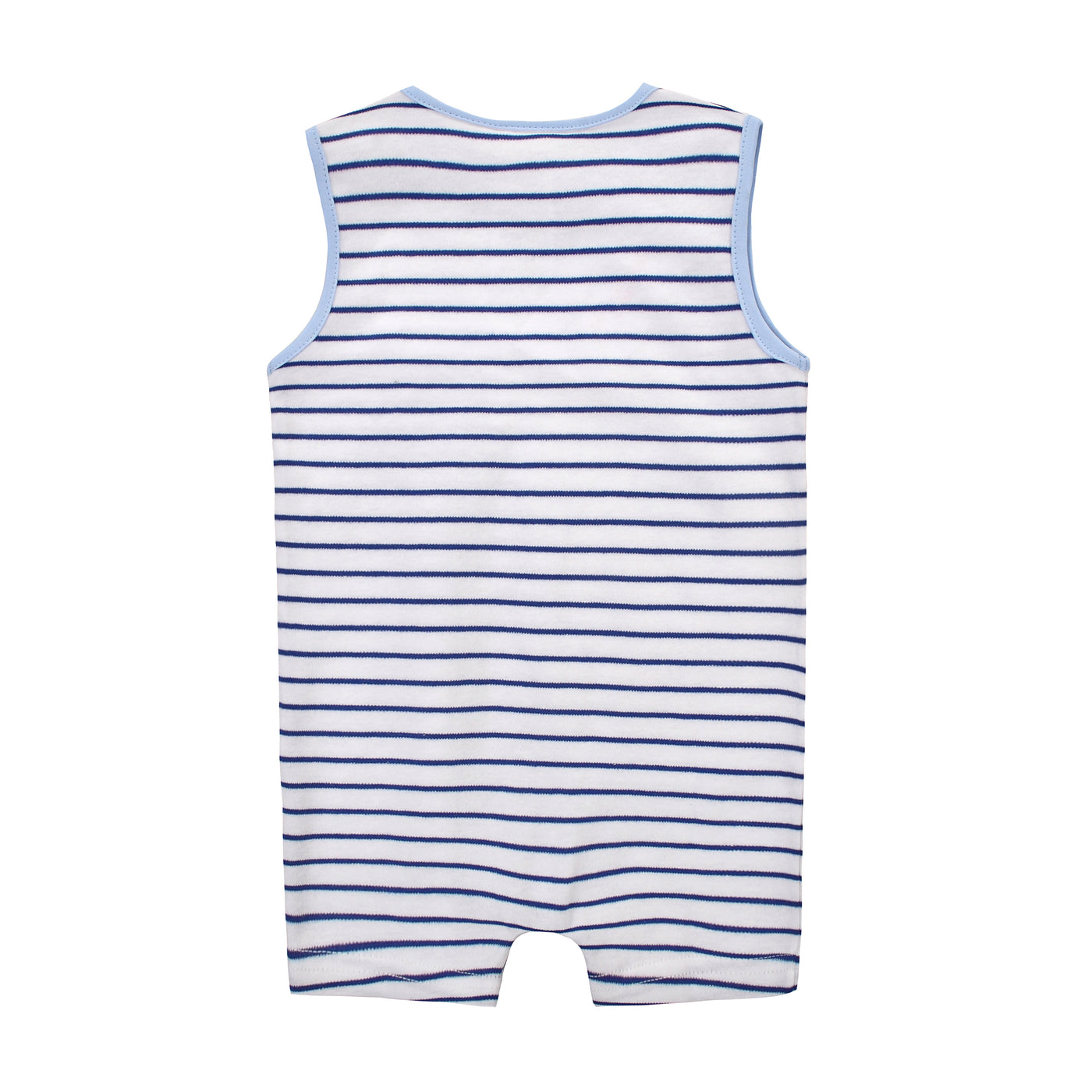 Baby Boy Sleeveless Blue Stripe Romper w Embroidered Boat n Front Pocket - Little Kooma