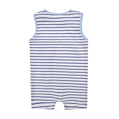 Baby Boy Sleeveless Blue Stripe Romper w Embroidered Boat n Front Pocket - Little Kooma