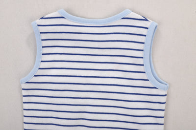 Baby Boy Sleeveless Blue Stripe Romper w Embroidered Boat n Front Pocket - Little Kooma