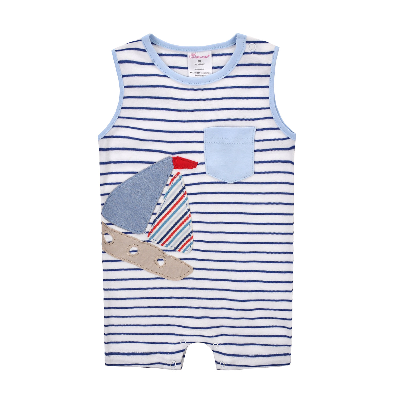 Baby Boy Sleeveless Blue Stripe Romper w Embroidered Boat n Front Pocket - Little Kooma