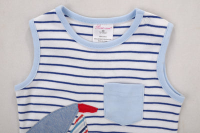 Baby Boy Sleeveless Blue Stripe Romper w Embroidered Boat n Front Pocket - Little Kooma