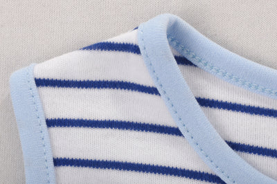 Baby Boy Sleeveless Blue Stripe Romper w Embroidered Boat n Front Pocket - Little Kooma