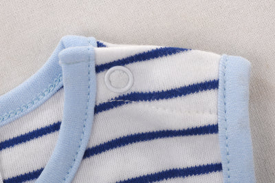 Baby Boy Sleeveless Blue Stripe Romper w Embroidered Boat n Front Pocket - Little Kooma