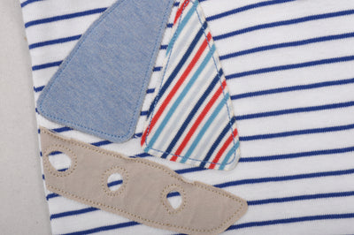 Baby Boy Sleeveless Blue Stripe Romper w Embroidered Boat n Front Pocket - Little Kooma