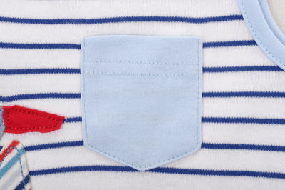 Baby Boy Sleeveless Blue Stripe Romper w Embroidered Boat n Front Pocket - Little Kooma