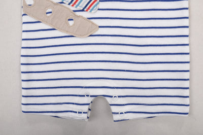 Baby Boy Sleeveless Blue Stripe Romper w Embroidered Boat n Front Pocket - Little Kooma
