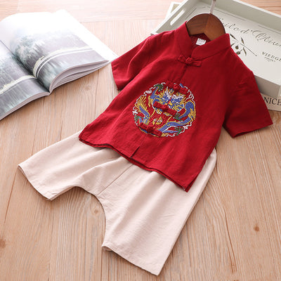 [KB09] Boys Cheongsam Set Embroidered Dragon Front Buttons CNY Chinese New Year Outfit - Little Kooma