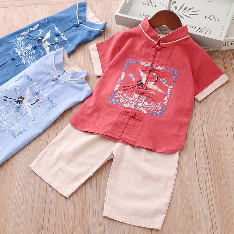 [KB08] Kids Boys Cheongsam Set Top n Shorts Embroidered Crane n Auspicious Clouds CNY Chinese New Year Outfit - Little Kooma