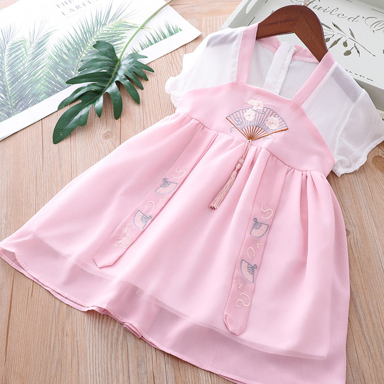 [KG19] Kids Girls Pink Fan Cheongsam Dress CNY Chinese New Year Outfit - Little Kooma