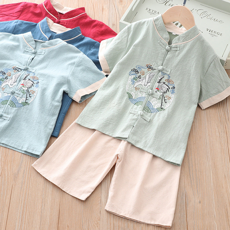 [KB06] Kids Boys Cheongsam Set Top n Shorts Embroidered Crane n Circle Auspicious Clouds CNY Chinese New Year Outfit - Little Kooma