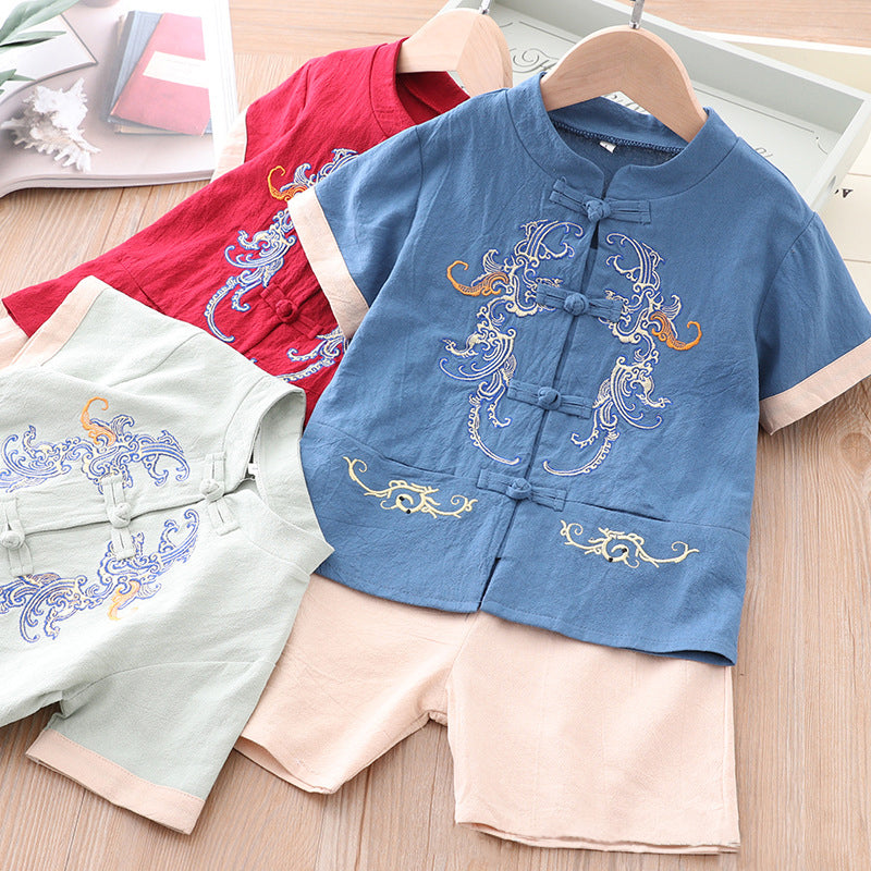 [KB03] Kids Boys Cheongsam Set Top n Shorts Blue Embroidered Dragons CNY Chinese New Year Outfit - Little Kooma