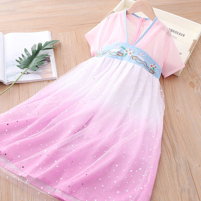 [KG12] Kids Girls Star All-over Voile Splicing Cheongsam Dress w Embroidered Bunnies CNY Chinese New Year Outfit - Little Kooma
