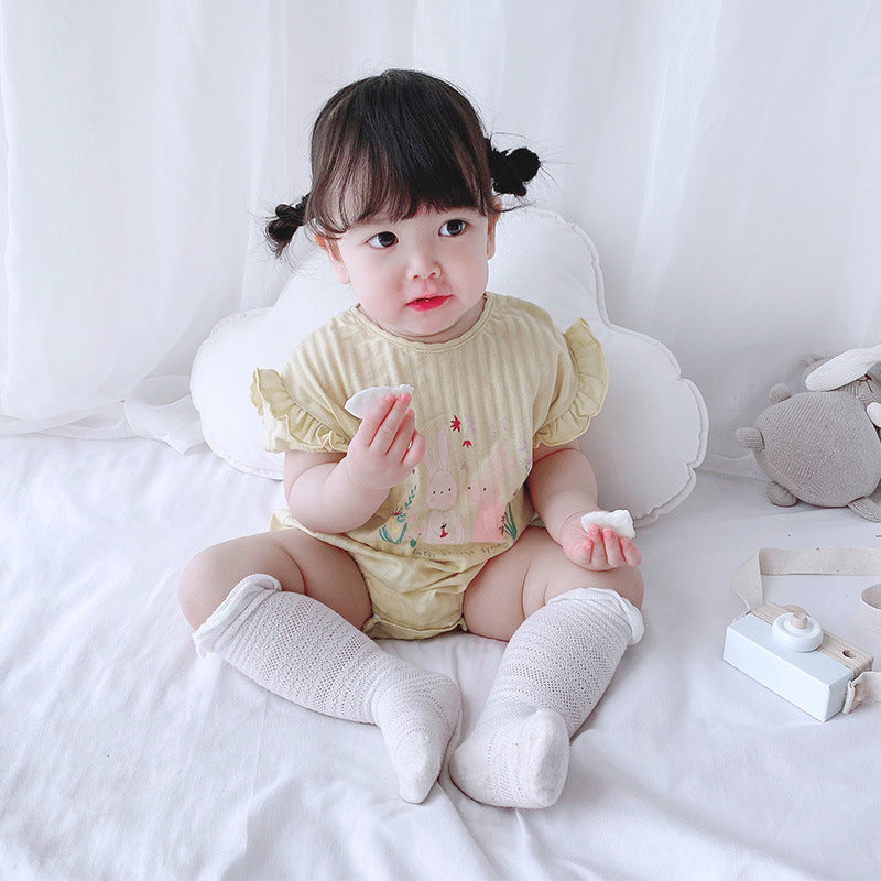 [ZBG11] Baby Girl Puff Sleeve Bodysuit w Printed Bunnies - Little Kooma