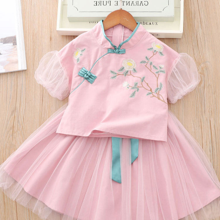 [KG07] Kids Girls Voile Cheongsam Set Top n Skirt Embroidered Peony CNY Chinese New Year Outfit - Little Kooma