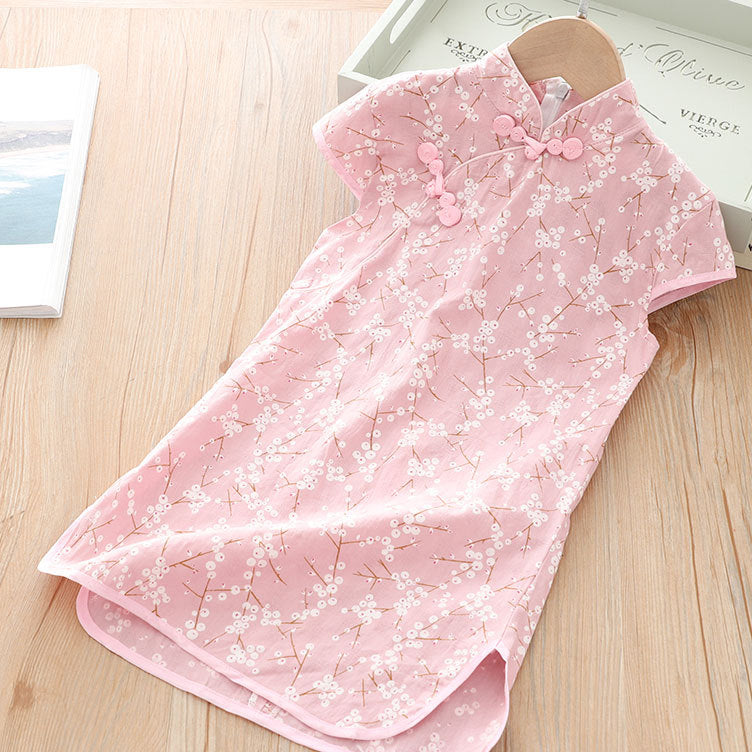[KG09] Kids Girls White Cotton Flowers Cheongsam Dress Cap Sleeves CNY Chinese New Year Outfit - Little Kooma