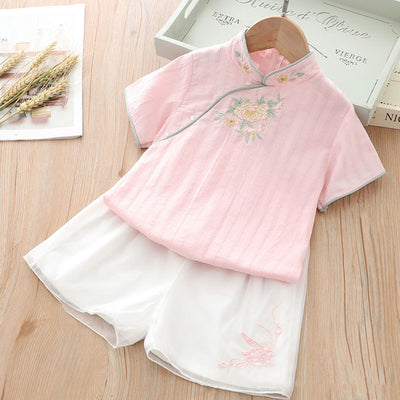 [KG16] Kids Girls Cheongsam 2 Piece Set Top n Voile Shorts CNY Chinese New Year Outfit - Little Kooma