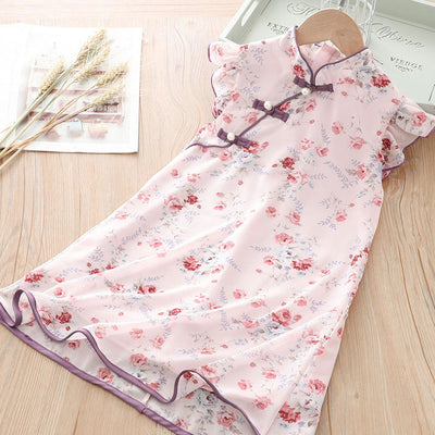 [KG10] Kids Girls Voile Floral Cheongsam Dress Ruffled Sleeves CNY Chinese New Year Outfit - Little Kooma