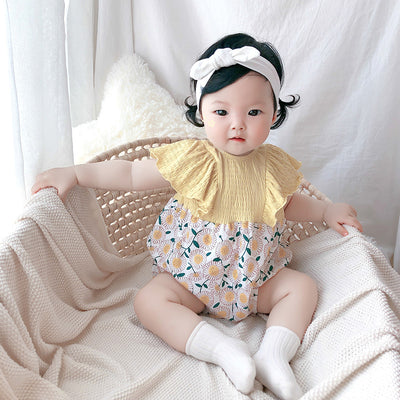 [ZBG13] Baby Girl Splicing Floral Bodysuit Ruffled Sleeves White Chrysanthemum - Little Kooma