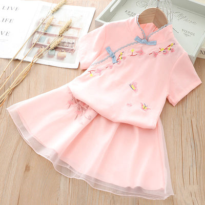 [KG06] Kids Girls Voile Cheongsam Set Top n Skirt Embroidered Flower n Butterfly CNY Chinese New Year Outfit - Little Kooma