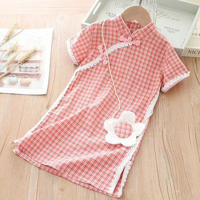 [KG01] Kids Girls Lace Trim Plaid Cheongsam Dress n Sling Bag CNY Chinese New Year Outfit - Little Kooma