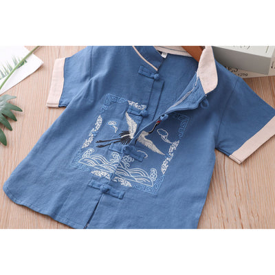 [KB08] Kids Boys Cheongsam Set Top n Shorts Embroidered Crane n Auspicious Clouds CNY Chinese New Year Outfit - Little Kooma