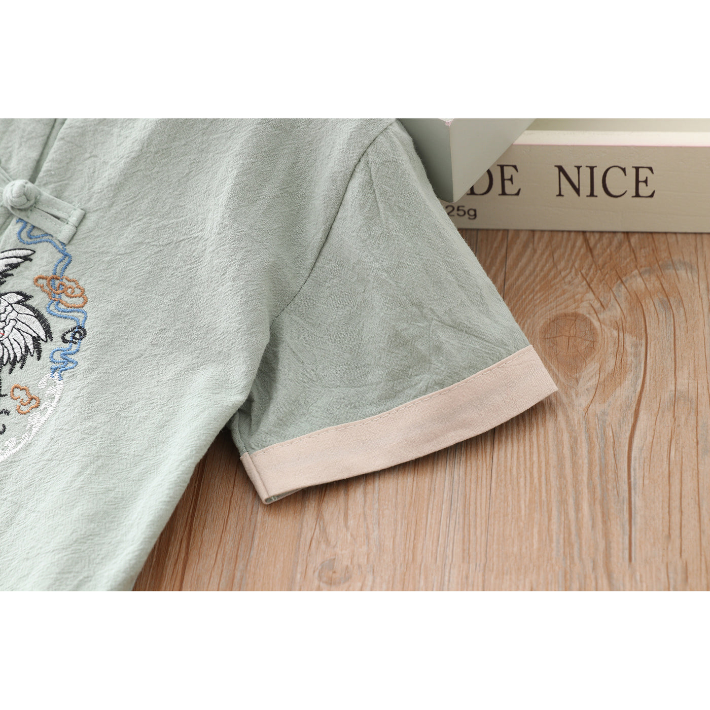 [KB06] Kids Boys Cheongsam Set Top n Shorts Embroidered Crane n Circle Auspicious Clouds CNY Chinese New Year Outfit - Little Kooma