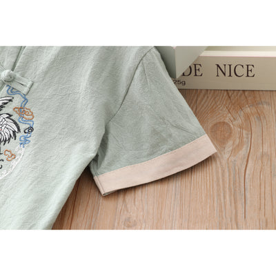 [KB06] Kids Boys Cheongsam Set Top n Shorts Embroidered Crane n Circle Auspicious Clouds CNY Chinese New Year Outfit - Little Kooma