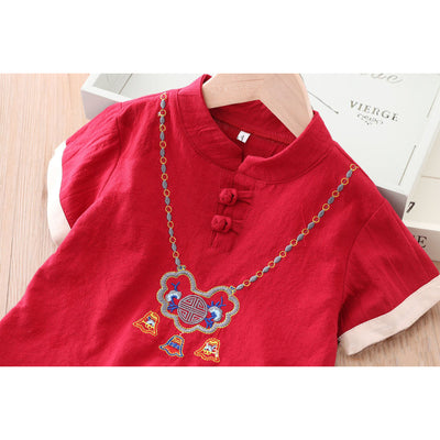 [KB01] Kids Boys Cheongsam Set Top n Shorts Embroidered Ruyi Lock CNY Chinese New Year Outfit - Little Kooma