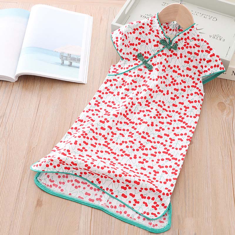 [KG03] Kids Girls Cherries Cheongsam Dress Cap Sleeves CNY Chinese New Year Outfit - Little Kooma