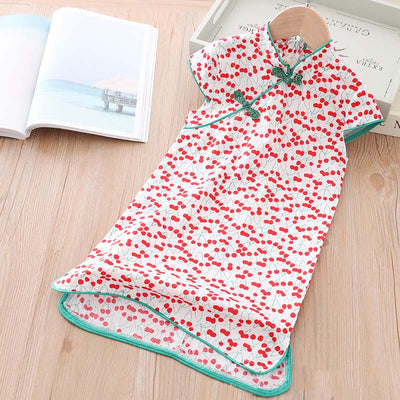 [KG03] Kids Girls Cherries Cheongsam Dress Cap Sleeves CNY Chinese New Year Outfit - Little Kooma
