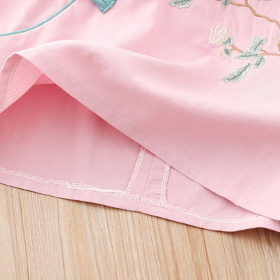 [KG07] Kids Girls Voile Cheongsam Set Top n Skirt Embroidered Peony CNY Chinese New Year Outfit - Little Kooma