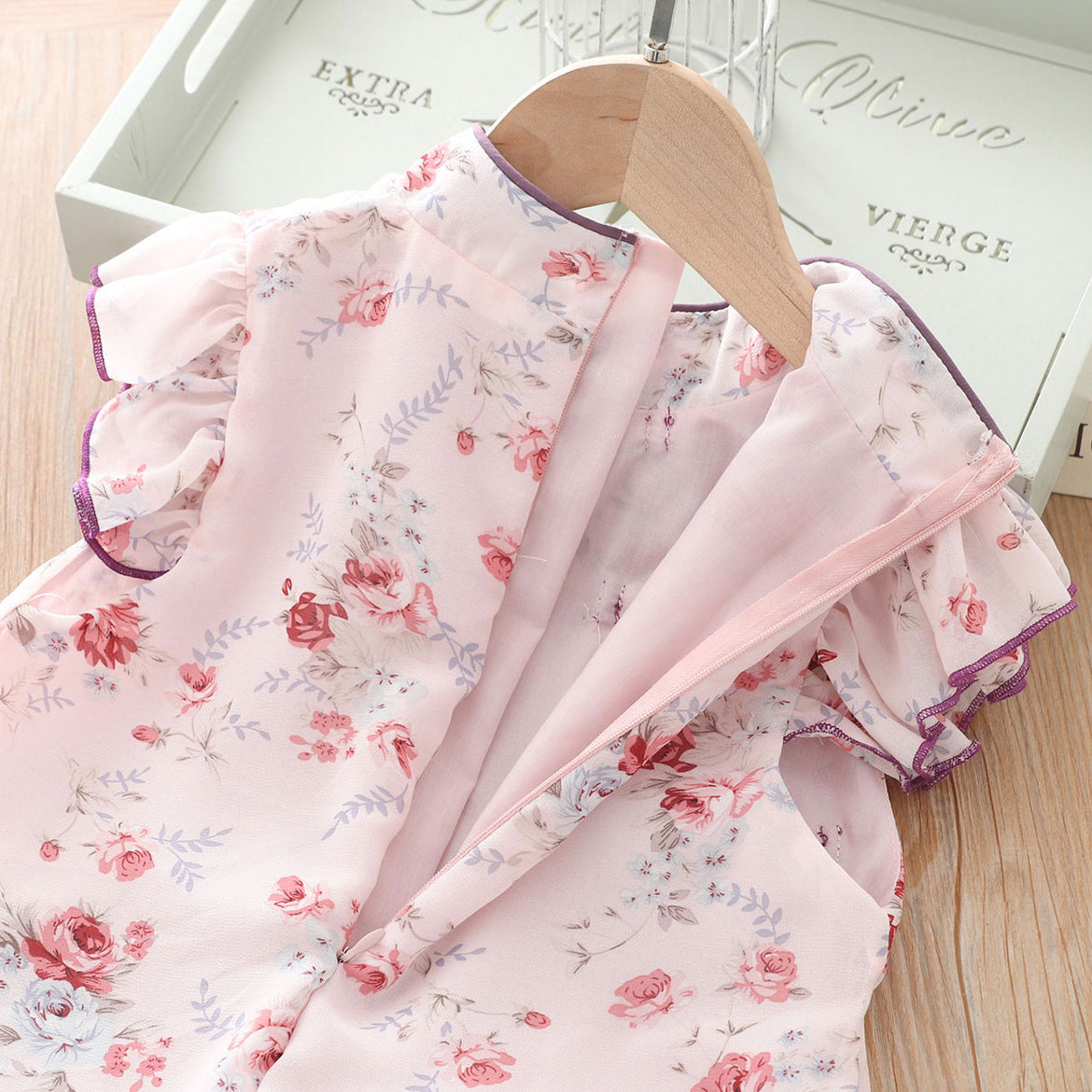 [KG10] Kids Girls Voile Floral Cheongsam Dress Ruffled Sleeves CNY Chinese New Year Outfit - Little Kooma