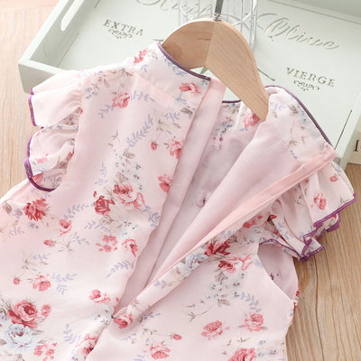 [KG10] Kids Girls Voile Floral Cheongsam Dress Ruffled Sleeves CNY Chinese New Year Outfit - Little Kooma