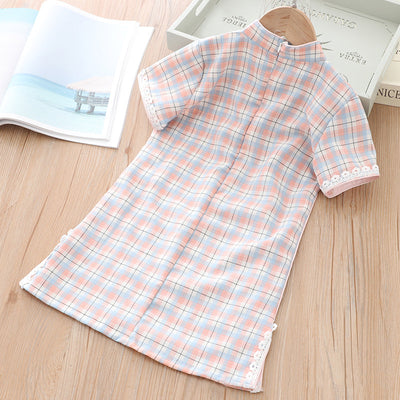 [KG01] Kids Girls Lace Trim Plaid Cheongsam Dress n Sling Bag CNY Chinese New Year Outfit - Little Kooma