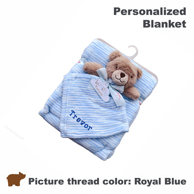 Personalised Luvena Fortuna Plush Blanket n Security Blanket Set Blue Stripe Bear S19628 - Little Kooma