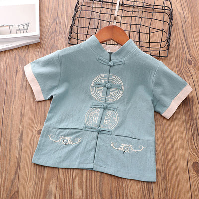 Boys Cheongsam Set w Embroidered Coins Front Buttons - Chinese New Year Outfit - Little Kooma