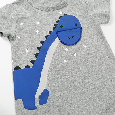 Baby Grey Romper w Blue Dinosaur - 0616 - Little Kooma