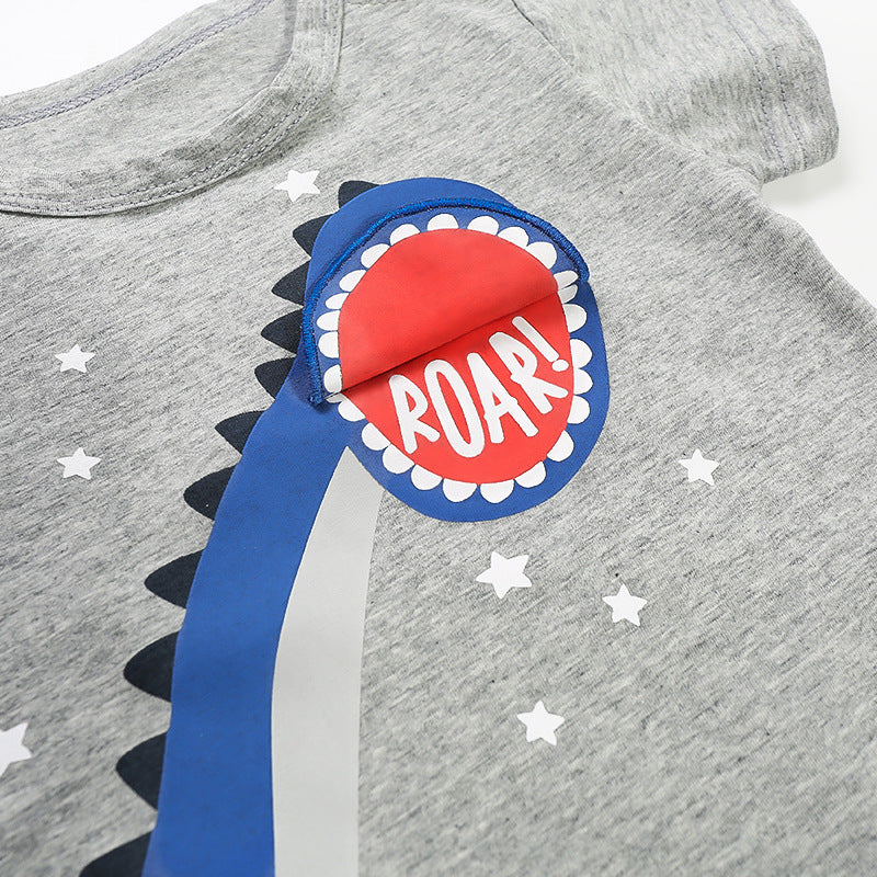 Baby Grey Romper w Blue Dinosaur - 0616 - Little Kooma