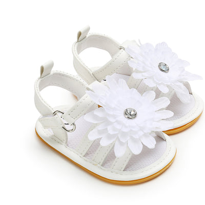 Baby Girl Anti-slip PU Leather Sandal White Chrysanthemum Magic Tape - 0912 - Little Kooma