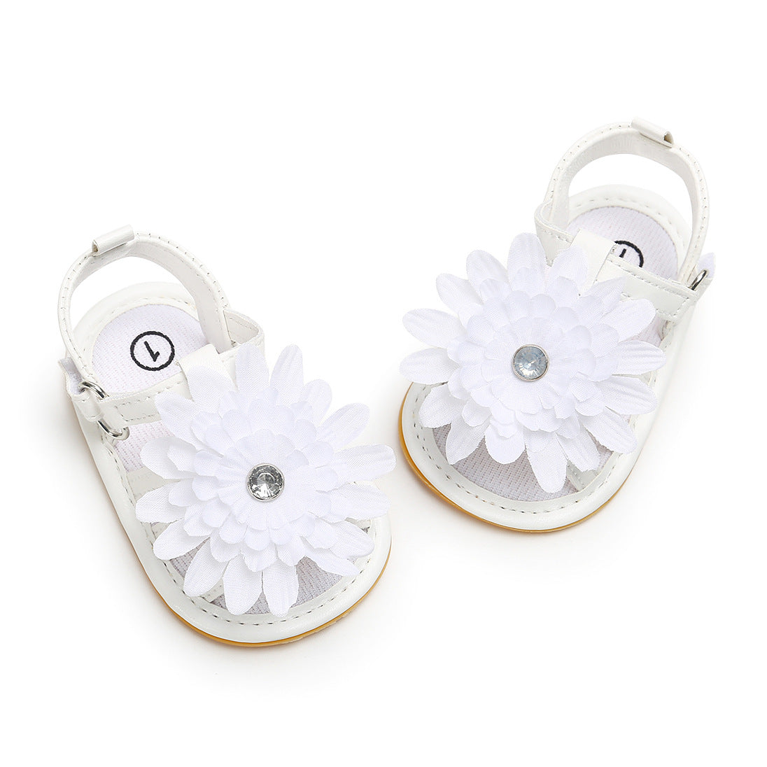 Baby Girl Anti-slip PU Leather Sandal White Chrysanthemum Magic Tape - 0912 - Little Kooma