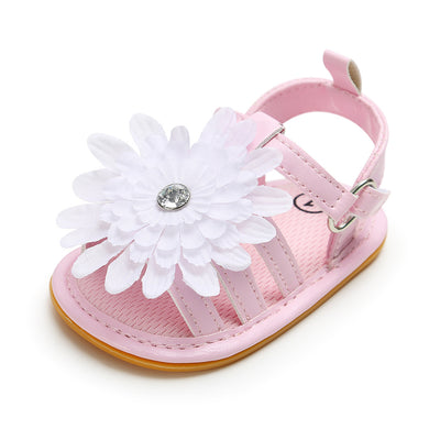 Baby Girl Anti-slip PU Leather Sandal White Chrysanthemum Magic Tape - 0912 - Little Kooma