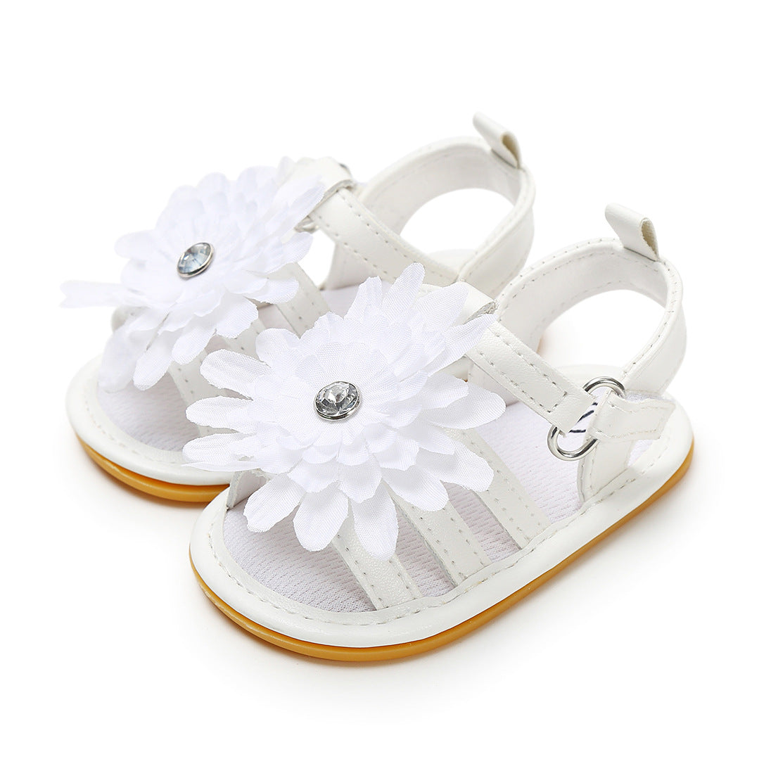 Baby Girl Anti-slip PU Leather Sandal White Chrysanthemum Magic Tape - 0912 - Little Kooma