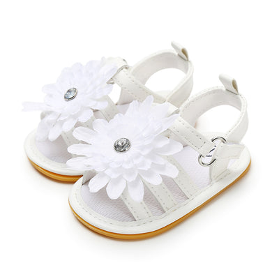 Baby Girl Anti-slip PU Leather Sandal White Chrysanthemum Magic Tape - 0912 - Little Kooma