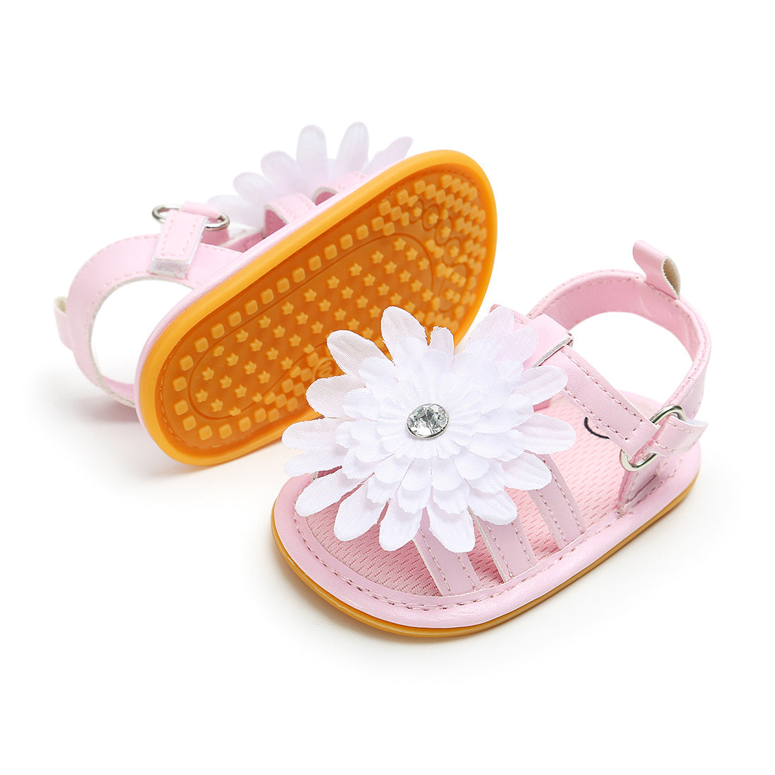 Baby Girl Anti-slip PU Leather Sandal White Chrysanthemum Magic Tape - 0912 - Little Kooma