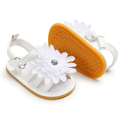 Baby Girl Anti-slip PU Leather Sandal White Chrysanthemum Magic Tape - 0912 - Little Kooma