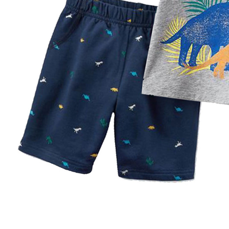 Kids Baby Boy's Grey Dinosaur T-shirt Dark Blue Shorts Set - 1021 - Little Kooma