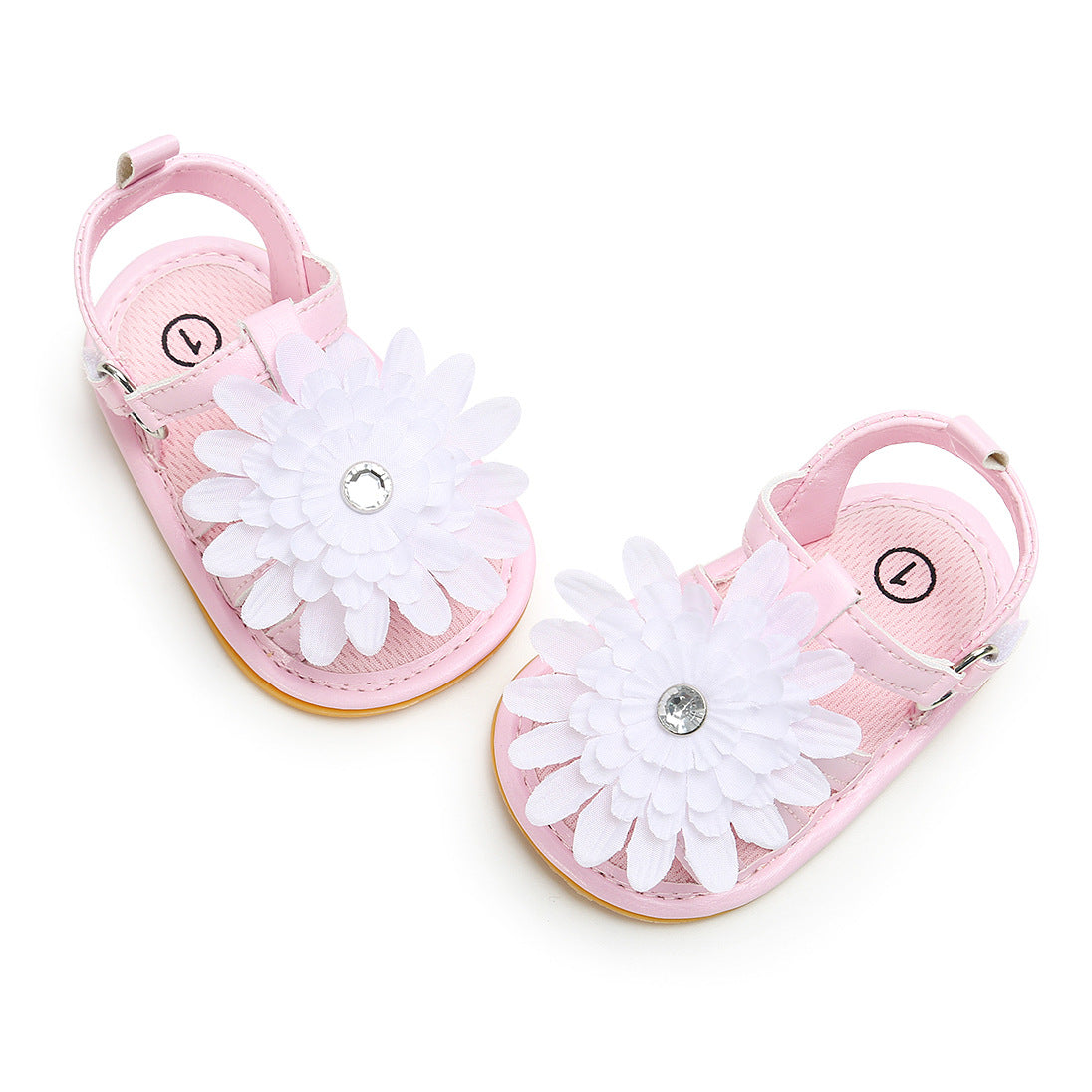 Baby Girl Anti-slip PU Leather Sandal White Chrysanthemum Magic Tape - 0912 - Little Kooma